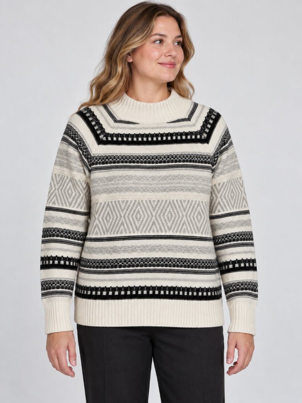 Chaps Cream Black Fair Isle Turtleneck Top Women's XL Cotton Blend Sweater